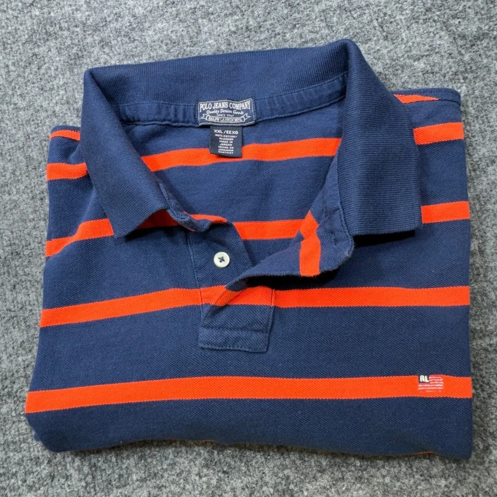 Vintage Polo Jeans Company Shirt Mens 2XL Blue Striped Pique USA Flag Logo 90s